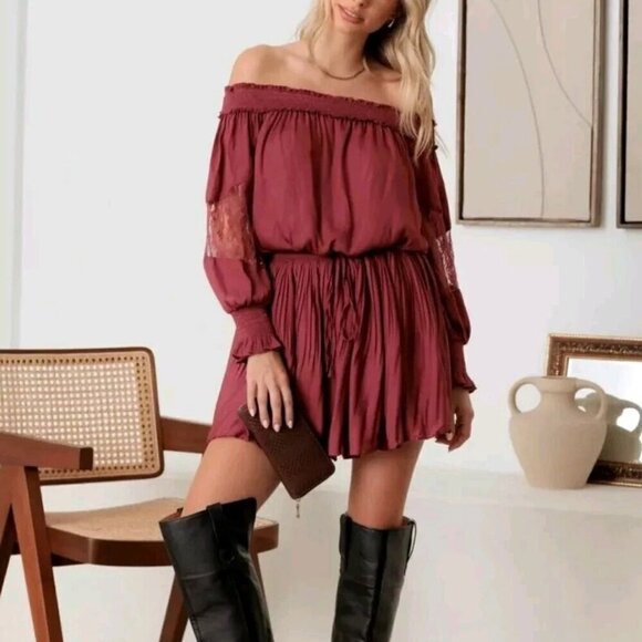 Holiday Party Dress Off The Shoulder Burgundy Red - Picture 4 of 5